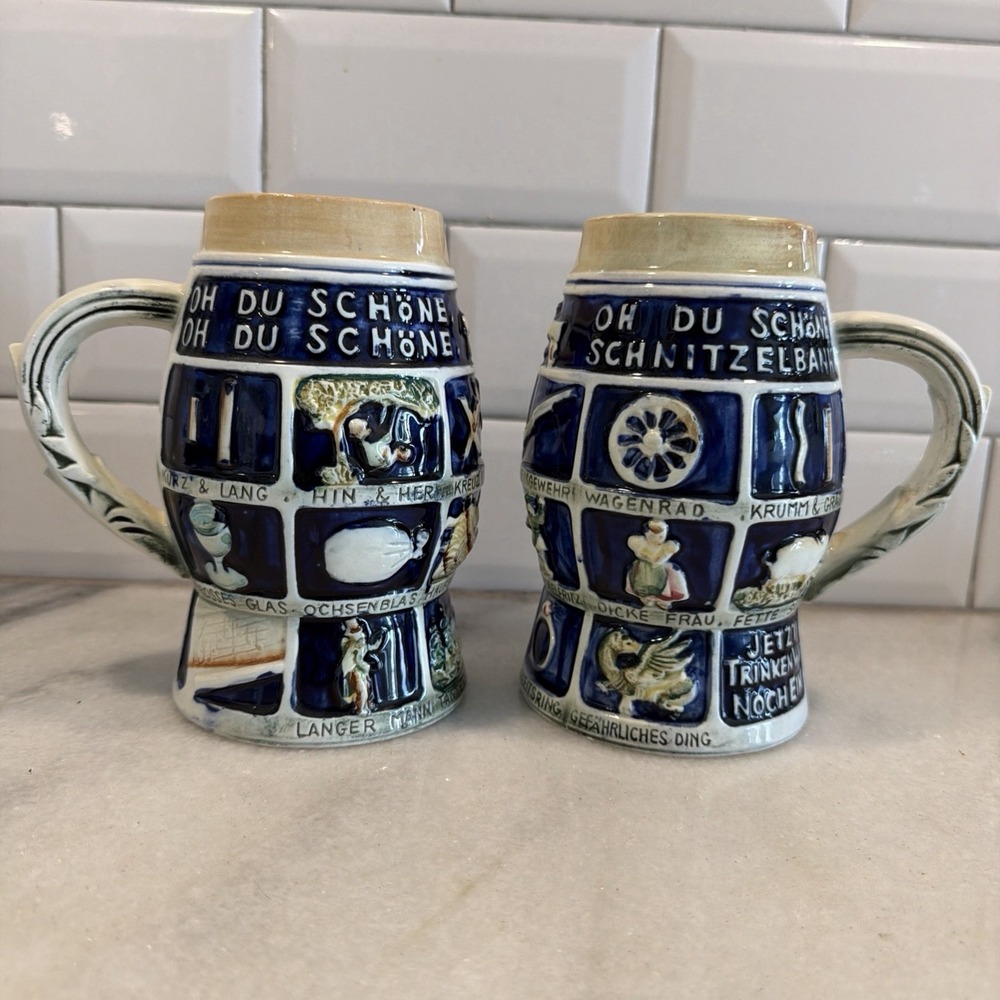 Set Of 2 Vintage German Beer Stein " Oh Du Schone Schnitzelbank" GW993